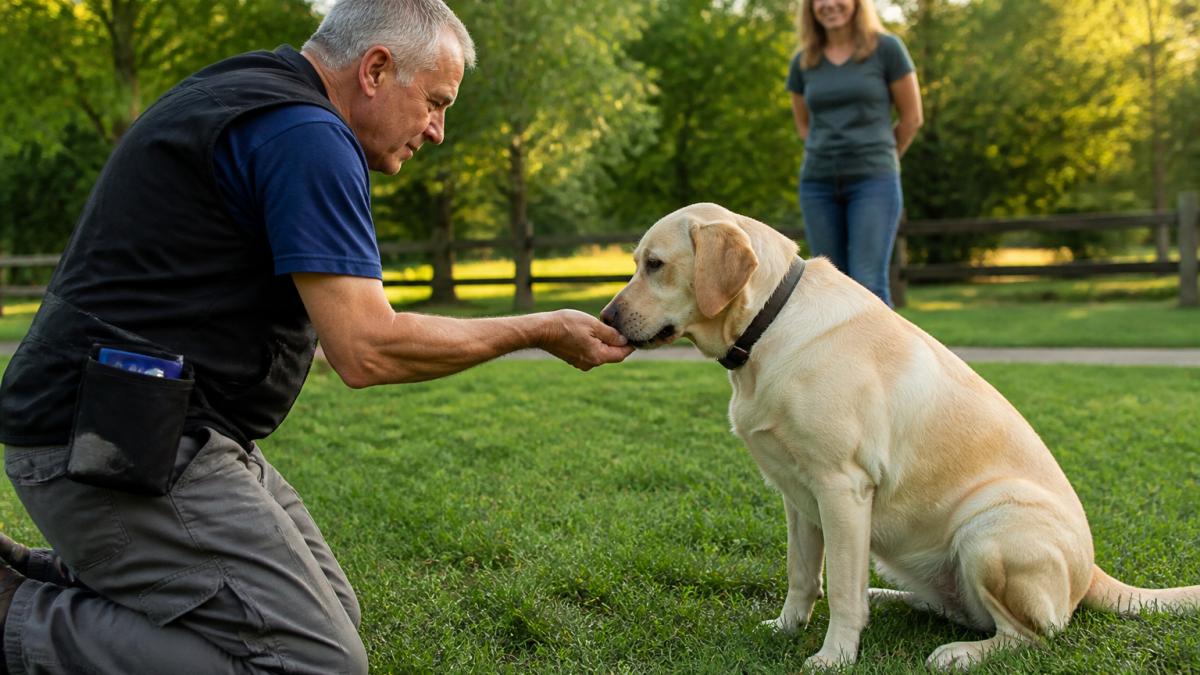 A professional trainer kneeling on a grassy lawn rewarding a focused Labrador retriever with a treat, owner watching closely in the background under soft afternoon light