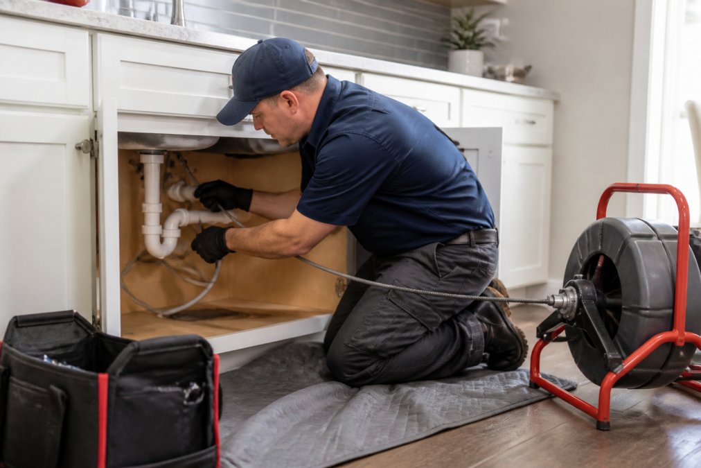 A licensed plumber in uniform kneeling beside an open kitchen sink cabinet, using a drain snake tool on the exposed pipe, with a toolbox and protective floor mat nearby in a bright home interior