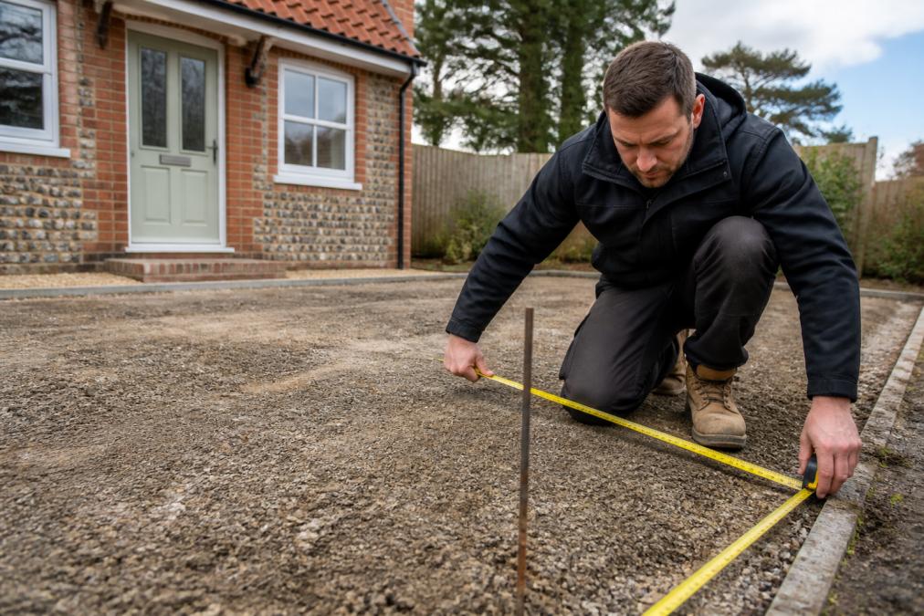 Professional surveyor measuring and marking out driveway area with measuring tape and ground-level inspection tools on residential property in Norfolk