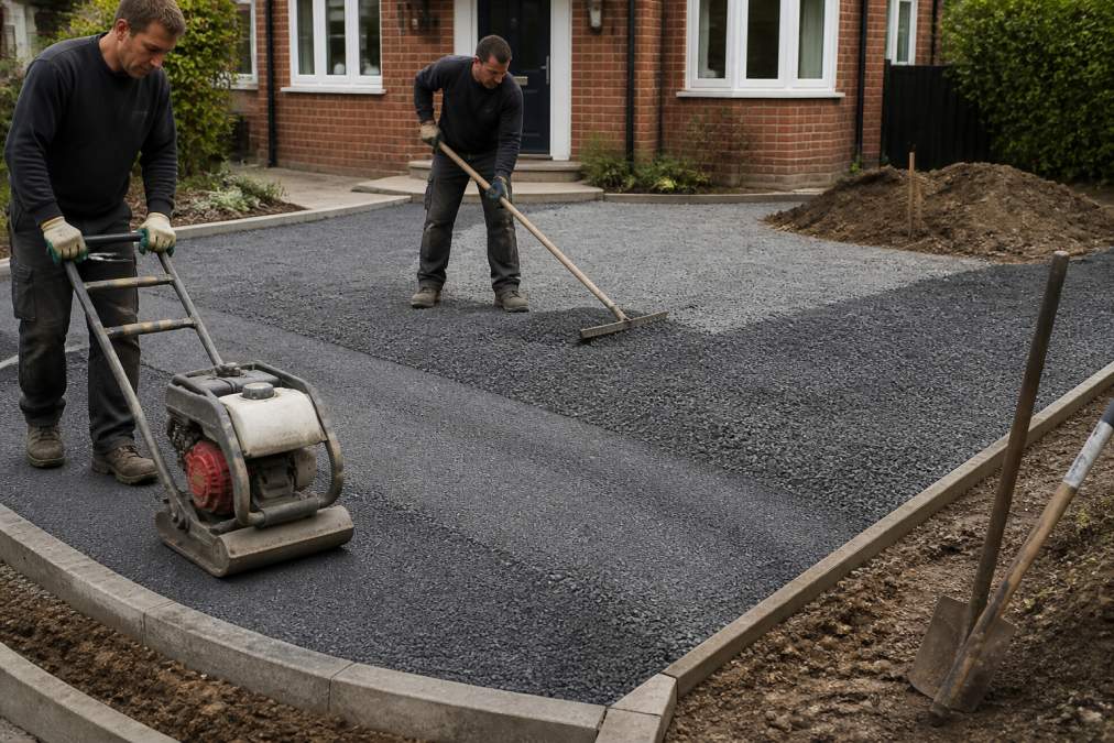 Team of paving professionals compacting and levelling sub-base layer with specialist vibratory equipment on residential property in Norfolk