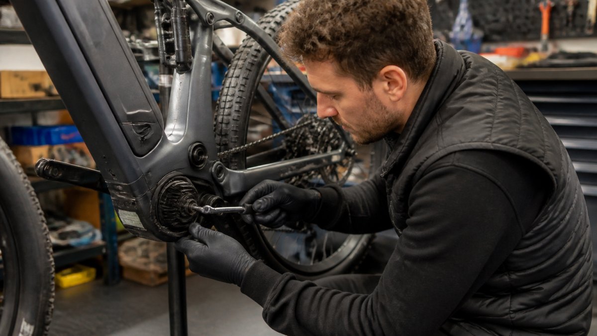 Professional technician examining electric bike motor and drivetrain components with diagnostic tools in equipped workshop with bright overhead lighting