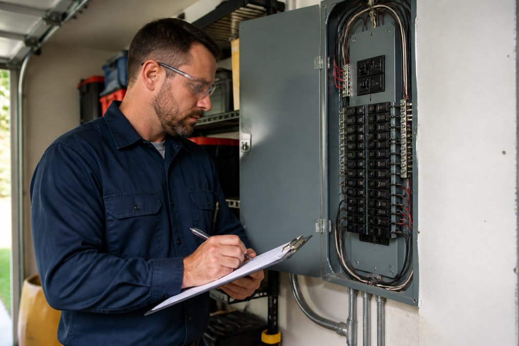 A licensed electrician in a work uniform inspecting a residential electrical panel with a clipboard, wearing safety glasses, in a clean garage utility area