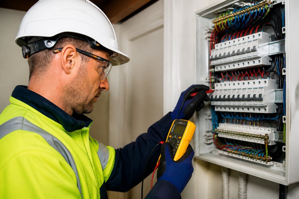 A licensed electrician in safety gear testing a residential switchboard with a multimeter, focused expression, well-lit utility area with labelled circuit breakers