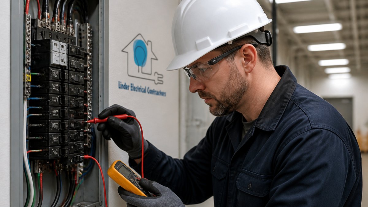 Licensed electrician using a multimeter to test electrical panel connections, checking voltage and safety issues in a commercial building with fluorescent lighting