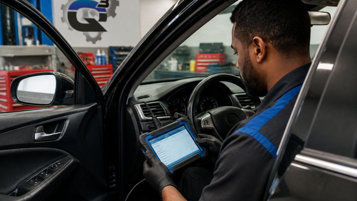 Technician using an OBD-II scanner to perform engine diagnostic services on a vehicle in a repair shop
