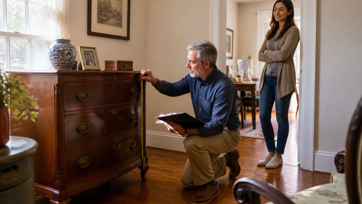 Professional appraiser examining an antique dresser during an estate appraisal while a homeowner watches