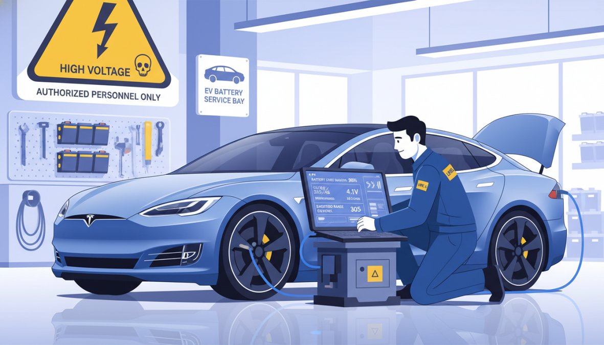 A Level 4 master technician in a professional workshop connecting a diagnostic laptop to a Tesla's OBD port, with high-voltage warning signage visible in the background, under bright workshop lighting