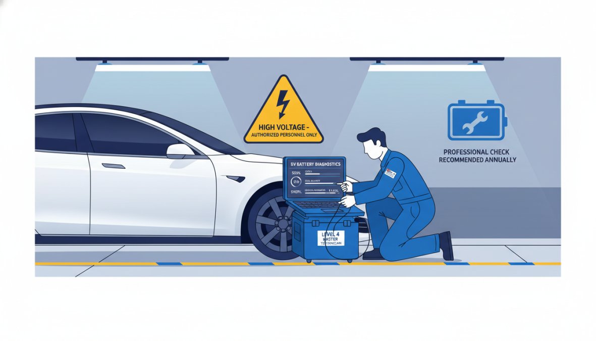 Close-up of a mechanic's hands holding a printed battery diagnostic report beside an electric vehicle in a clean, well-lit independent garage, with workshop tools visible on a pegboard in the background
