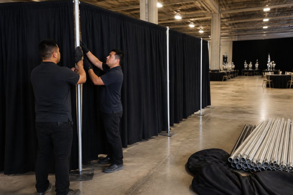 Two event workers in dark uniforms adjusting and tensioning pipe and drape uprights in a warehouse-style venue, drape panels hanging in clean vertical folds behind them under bright work lights