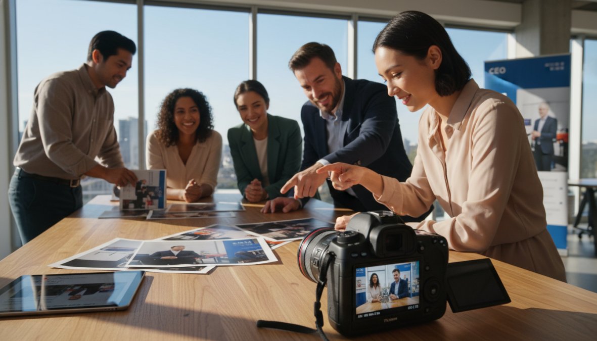 A professional photographer with a full-frame DSLR camera and telephoto lens capturing candid moments at a corporate gala, with guests in formal attire mingling beneath warm amber chandeliers in an elegant ballroom
