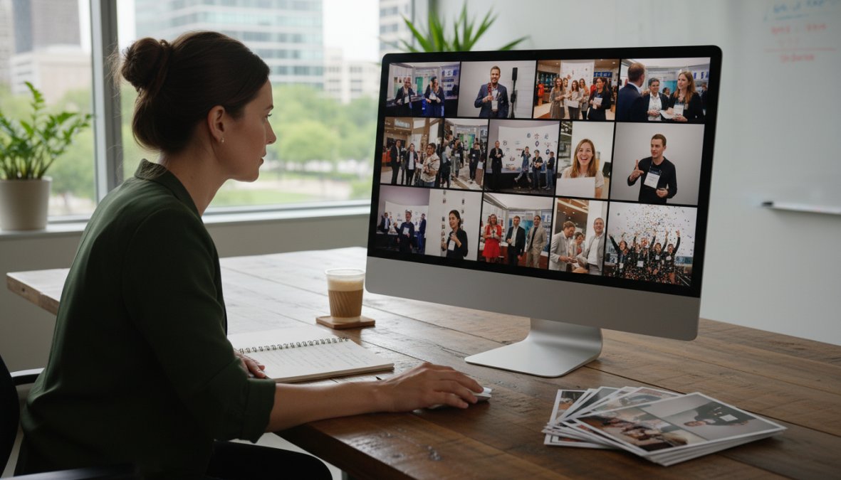 A marketing professional reviewing a grid of high-resolution event photographs on a large widescreen monitor in a modern open-plan office, with color-graded images displayed in an editing application and a content scheduling tool visible on a second screen