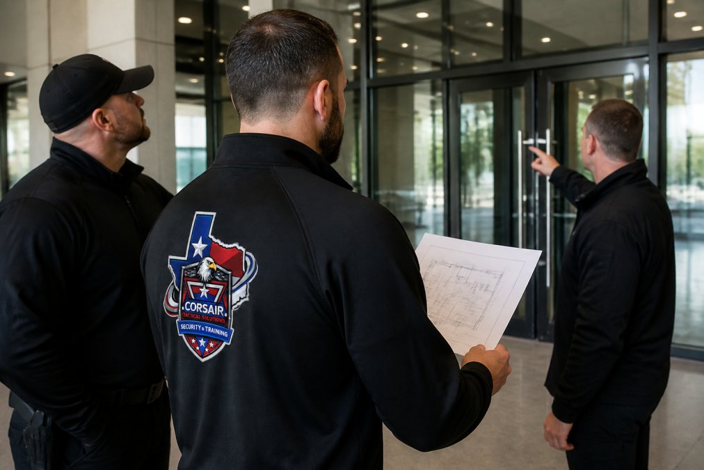 Professional security team conducting advance venue assessment, checking entry points and perimeter security with focused attention, reviewing floor plans and security camera placement in modern corporate building