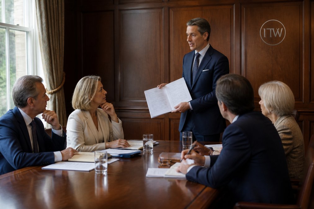 A senior investment committee meeting in a wood-panelled boardroom, with a portfolio manager presenting printed fund structure documents to seated family office principals and advisers