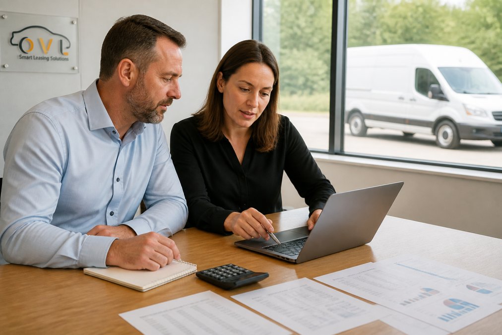 A fleet manager and finance director reviewing vehicle cost spreadsheets on a laptop in a bright modern office, with a white van visible through the window