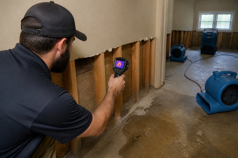 Certified technician using thermal imaging during professional flood damage cleanup in a residential home
