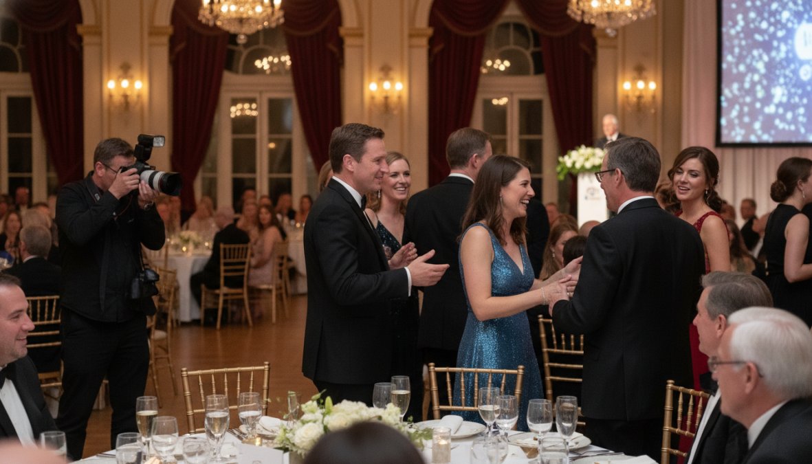 A professional photographer in formal attire capturing a candid conversation between elegantly dressed gala attendees at a round dinner table, warm amber chandeliers overhead and a decorated ballroom with floral centerpieces visible in the background