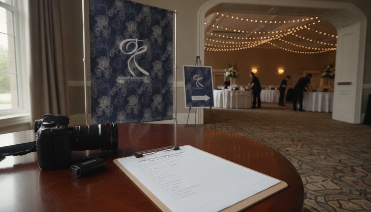 A female event planner in a navy blazer and a professional photographer in a dark suit reviewing a printed shot list on a clipboard together in a carpeted venue hallway before a gala, event signage and a floral arrangement visible on a table nearby under warm overhead lighting