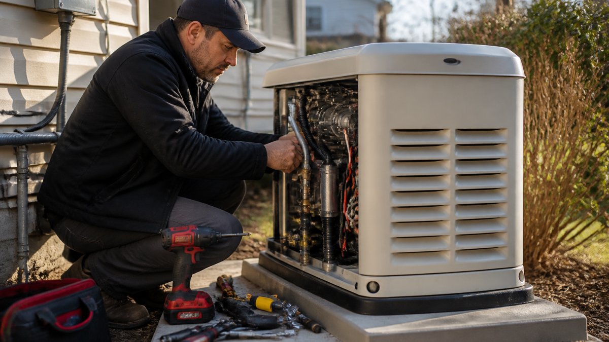 Professional electrician installing standby generator outside residential home, working on fuel line connections and electrical wiring in afternoon sunlight