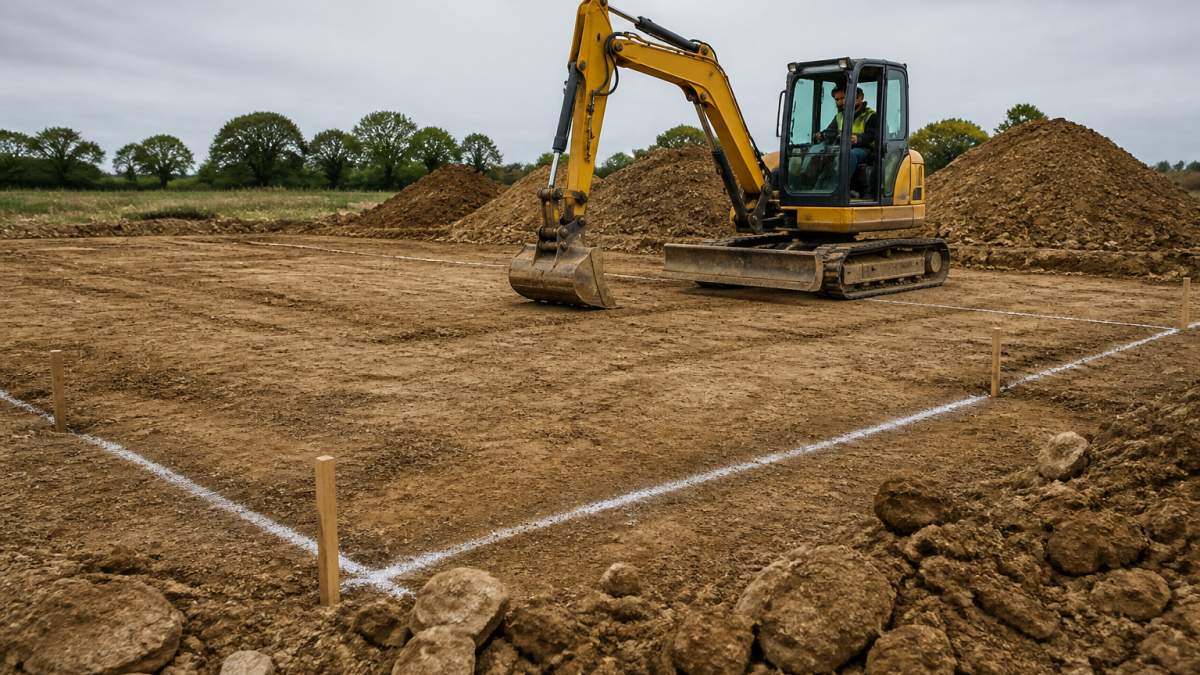 Excavator levelling a building plot for groundworks services with marked foundations visible