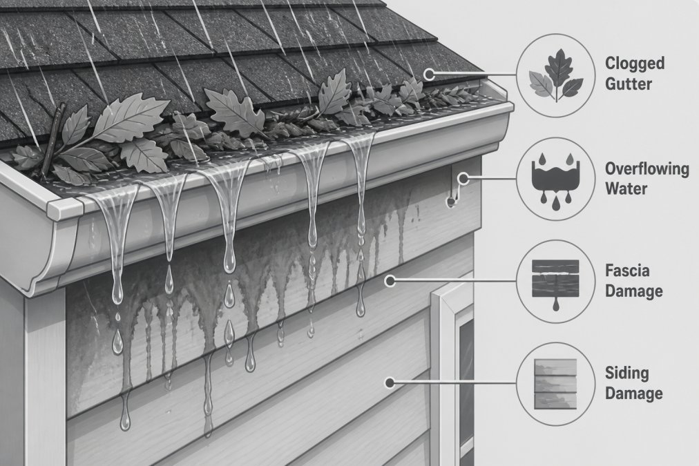 Close-up of a residential gutter overflowing with leaves and debris, water spilling over the edge onto the fascia board below during heavy rain, showing moisture damage on the siding