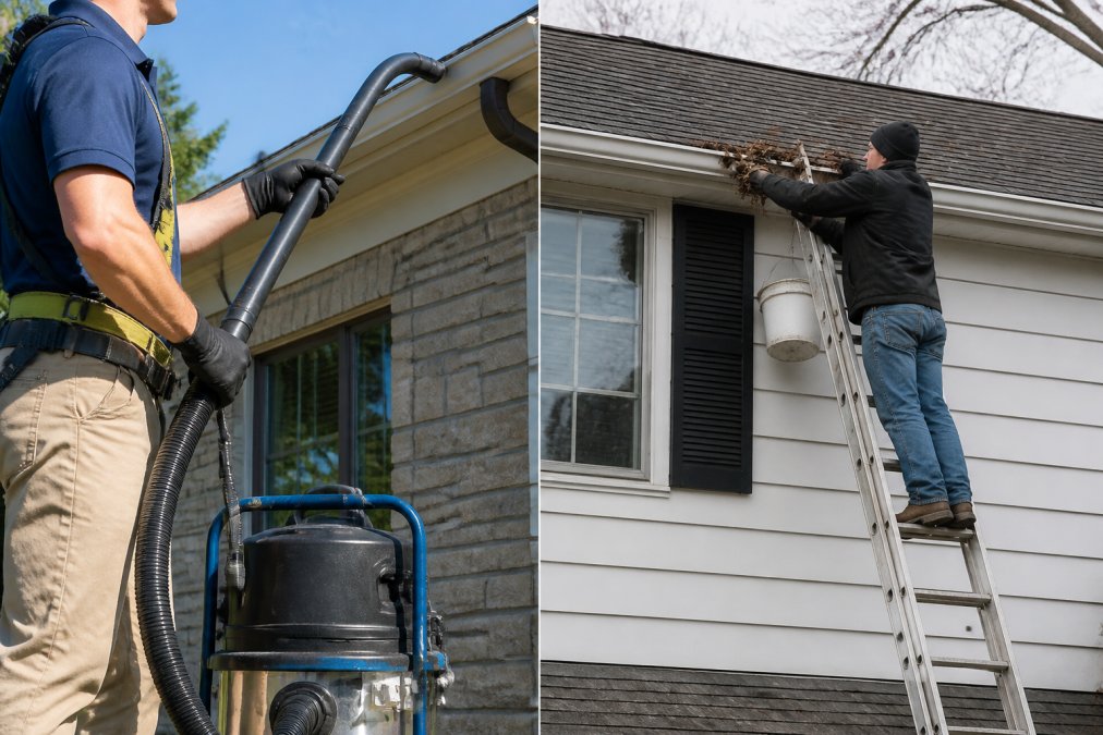 Professional technician safely working on gutters from ground level using professional-grade vacuum equipment, demonstrating safe ladder-free technique with proper harness and equipment setup