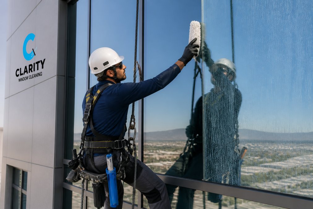 A commercial window cleaning technician in full safety harness and hard hat polishing a large glass pane on a high-rise building, one half of the pane visibly clear and the other half clouded with white mineral staining, bright daylight reflection