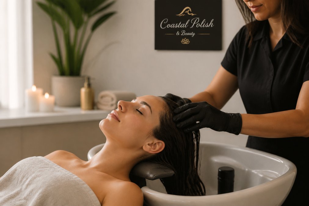 A serene client with their eyes closed, relaxing in a spa chair while a technician gently massages their scalp with gloved hands, soft natural light in a modern wellness studio