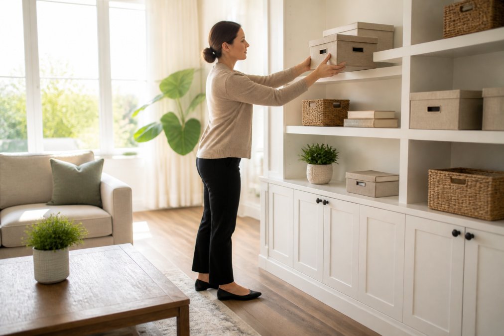 A bright, airy living room after a full decluttering session, with a professional organizer placing a labeled storage box on a clean white shelf while natural light streams through large windows