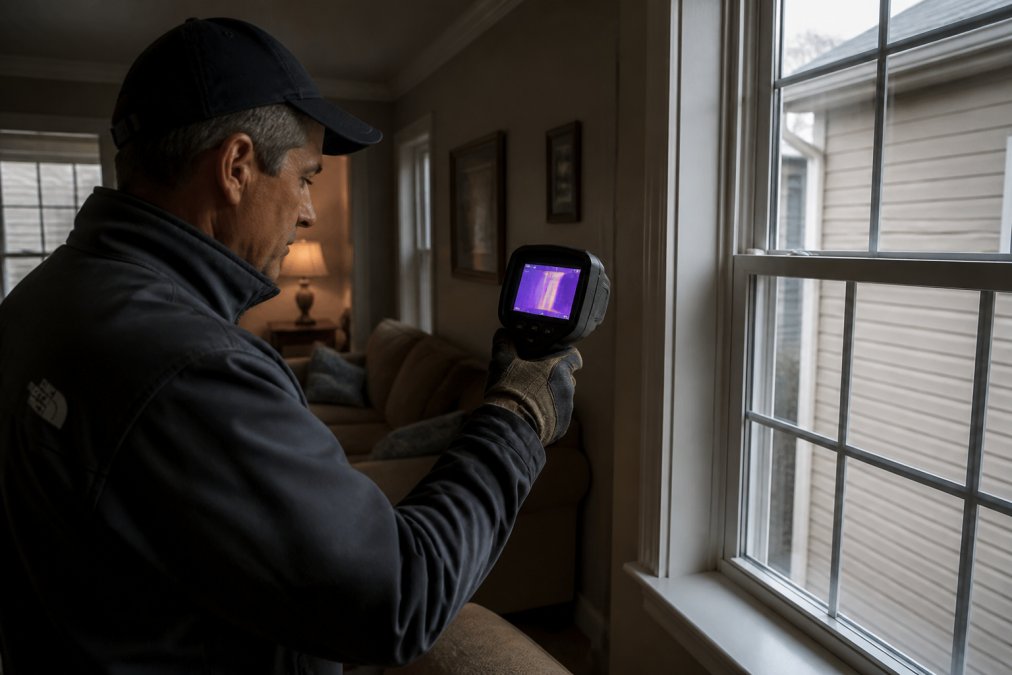 Technician using a thermal camera around a window during home energy audits