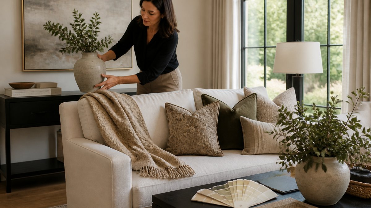 Infographic process for home renovation styling featuring a stylist arranging decor and fabric samples in a home