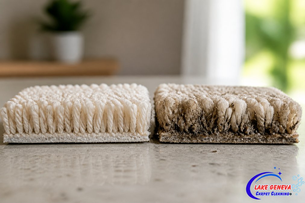 A close-up comparison of two carpet fiber tufts, one clean and vibrant, the other dull and matted with visible dirt trapped at the base