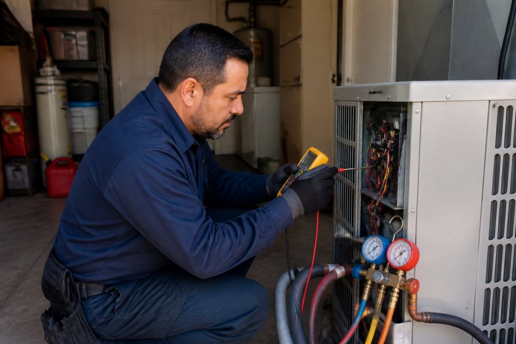 Licensed HVAC technician in uniform performing detailed diagnostic inspection using digital multimeter on air conditioning unit's electrical connections and refrigerant lines in residential garage