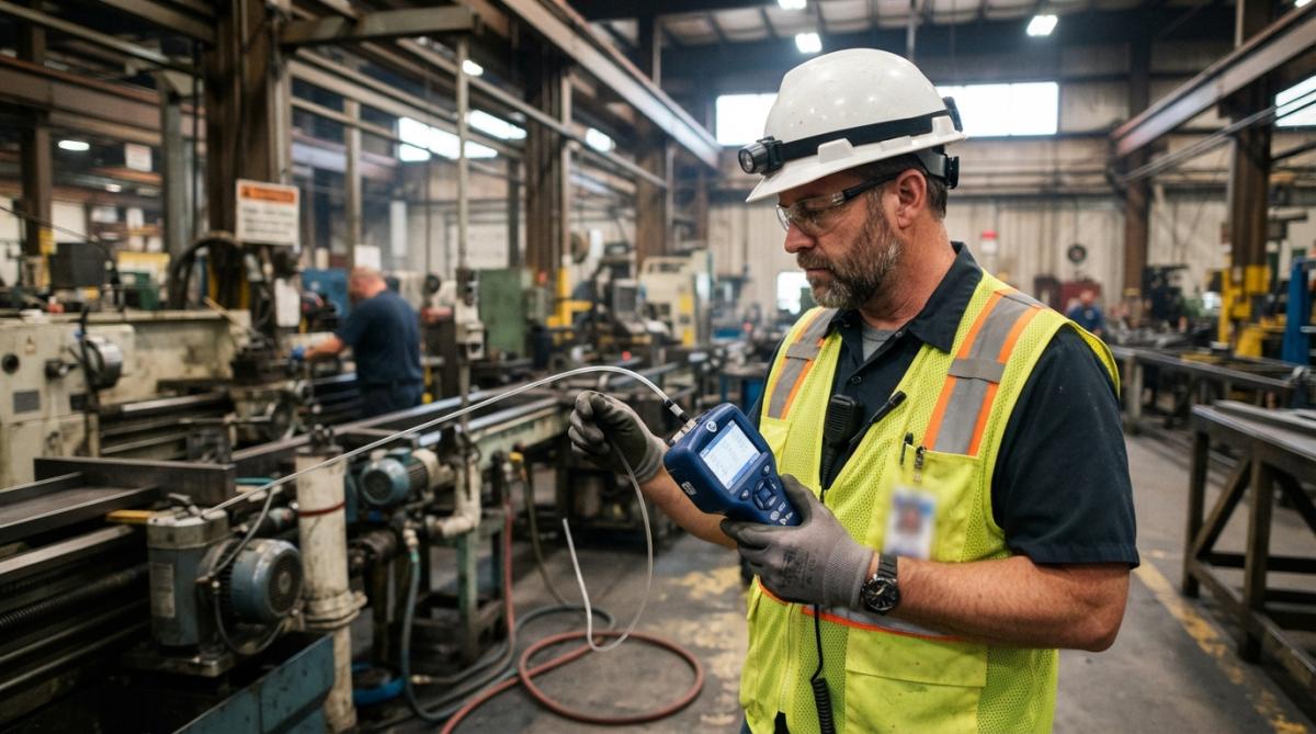 A certified industrial hygienist in a hard hat and safety vest using a handheld air sampling monitor on a manufacturing floor, with industrial equipment softly blurred in the background