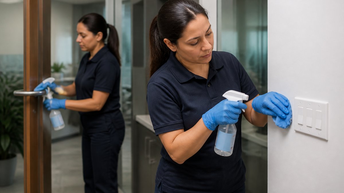 Professional janitorial staff in uniform disinfecting door handles and light switches in modern office with microfiber cloths and hospital-grade disinfectant spray