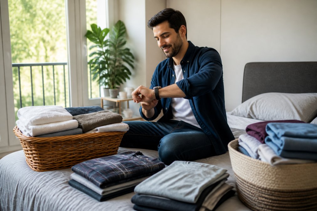 Busy professional at home surrounded by clean, folded laundry in baskets, checking a watch or phone with a relieved expression, natural morning light from windows