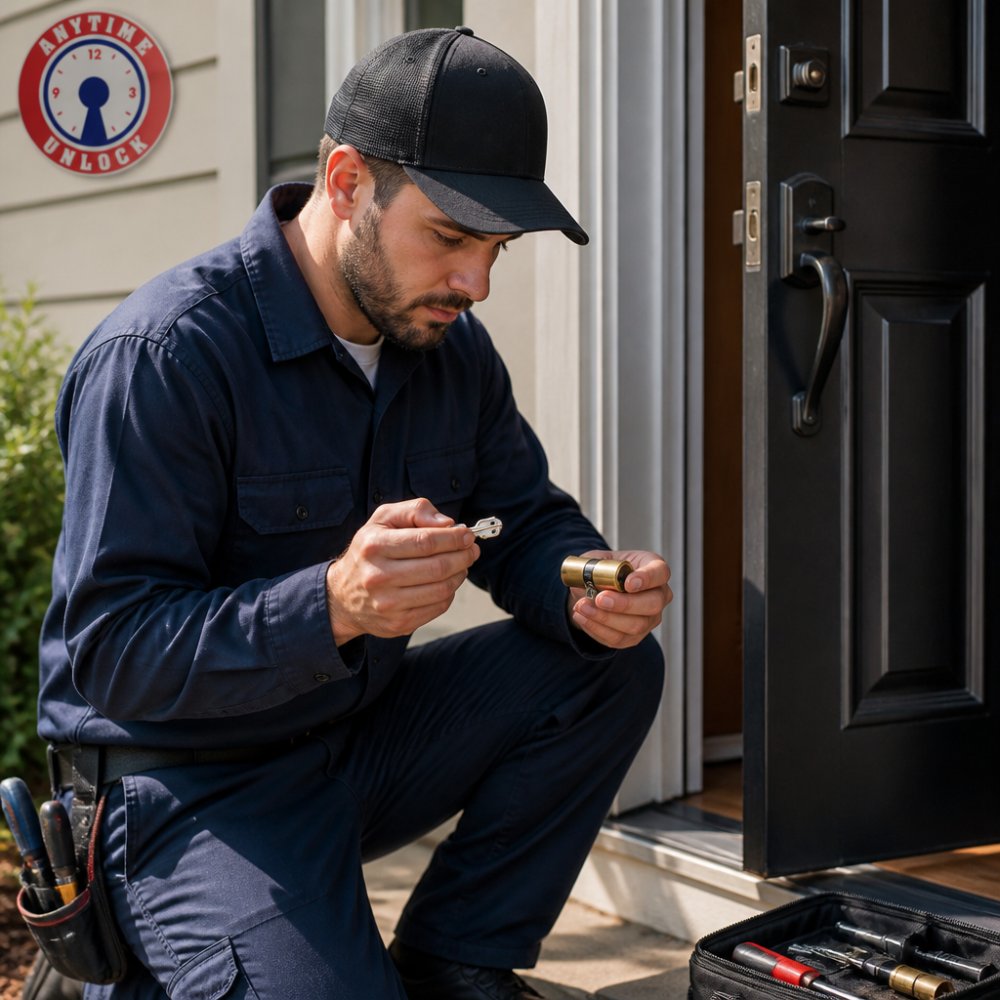 Locksmith using specialized tools to perform professional lock rekeying on a residential door cylinder