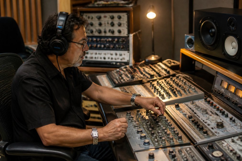Professional mastering engineer seated at a mixing console in a treated acoustic studio, monitoring audio through calibrated studio monitors and professional headphones, with warm studio lighting and analog outboard gear visible in the background