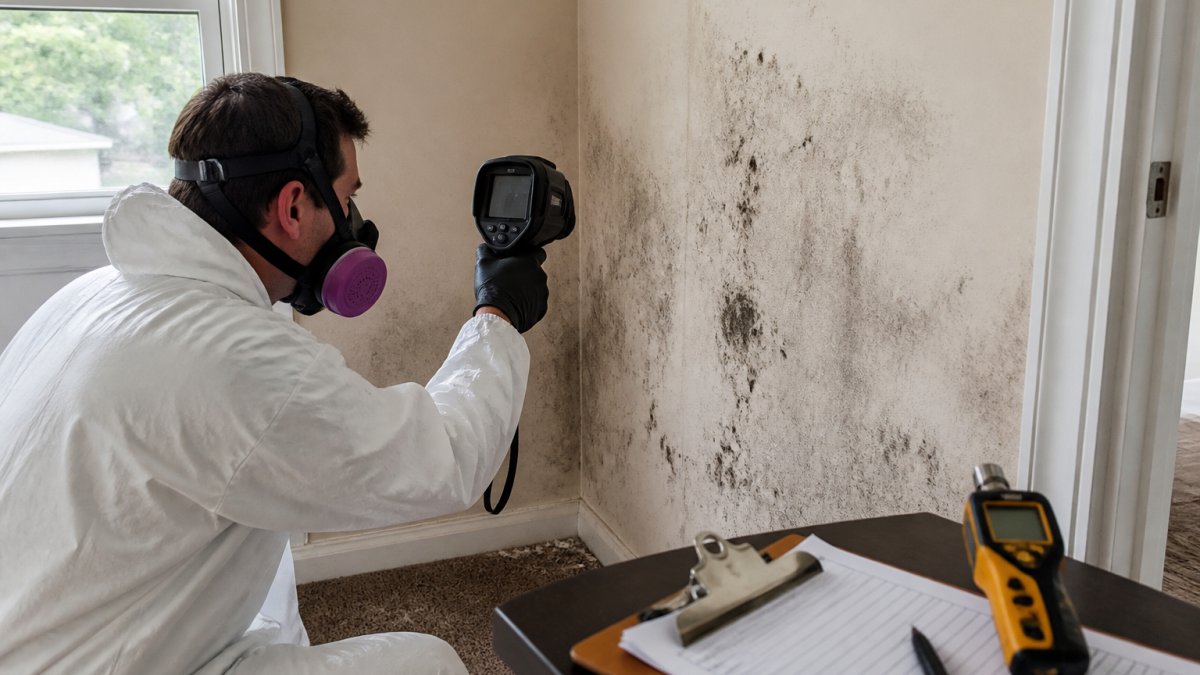 A certified mold inspector in white protective coveralls and a respirator using a handheld thermal imaging camera to scan a residential wall, with a moisture meter and clipboard resting on a nearby table, natural daylight through a window