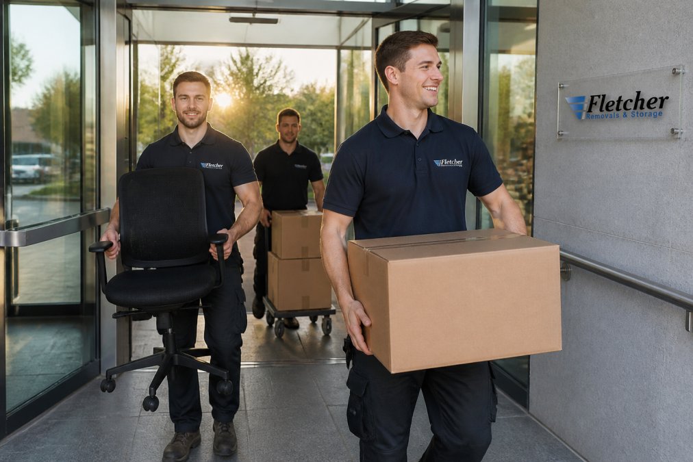 A team of professional movers in uniform carefully carrying office chairs and boxes through a modern office building entrance, morning light through glass doors