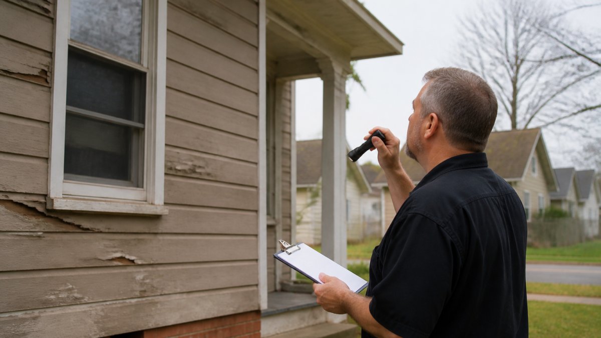 A professional inspector in uniform using a clipboard and flashlight to examine the exterior of a vacant house, checking for damage or wear, with a suburban neighborhood in the background