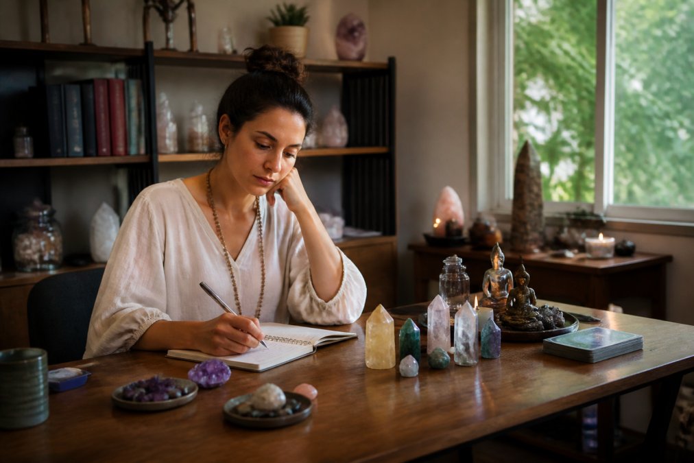 Person sitting peacefully in a calm, welcoming space with soft lighting, holding a journal and reflecting before a reading session