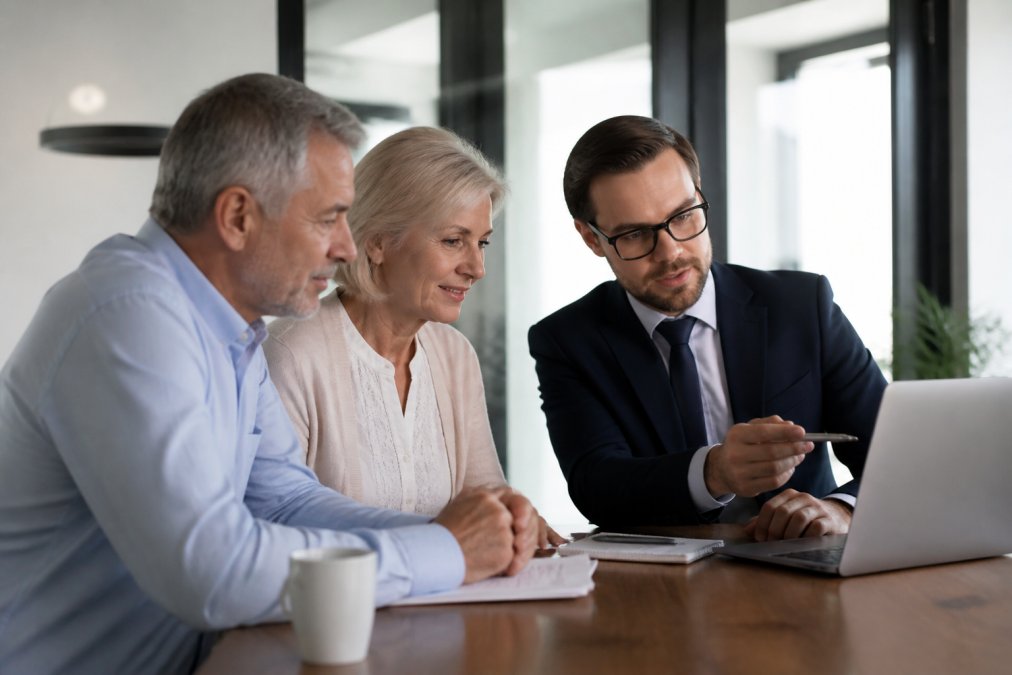 Financial adviser reviewing retirement wealth management projections with a couple on a laptop screen