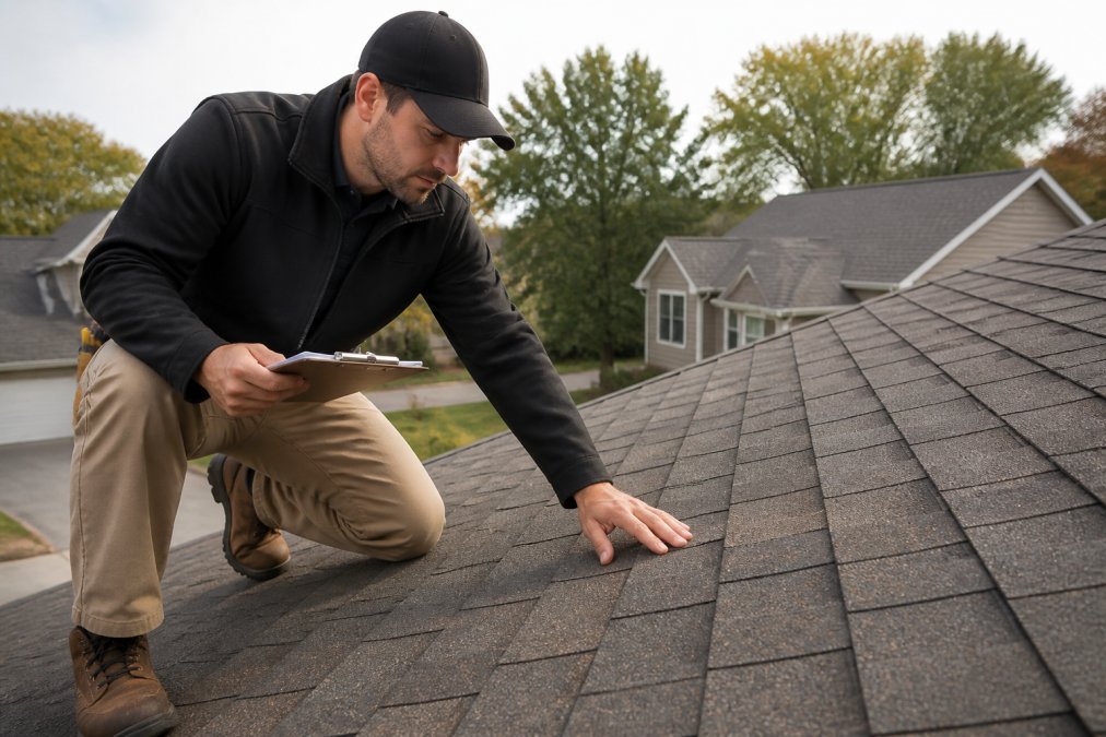 A professional roofing contractor in work attire examining asphalt shingles on a residential roof with a clipboard in hand