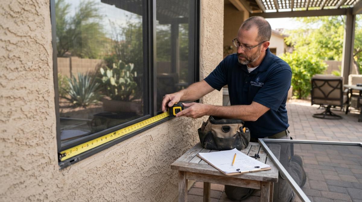 Professional technician using precision measuring tools and digital calipers on a window frame to determine exact dimensions for custom screen installation