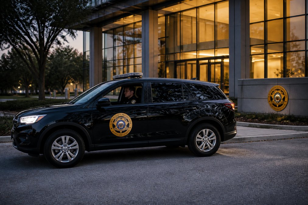 A uniformed security officer in a marked patrol vehicle conducting a visible patrol outside a modern commercial office building at dusk, with lobby lights visible through glass windows