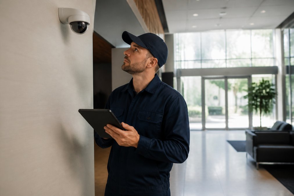 A professional security technician in a navy uniform using a tablet to inspect a wall-mounted surveillance camera inside a modern commercial facility lobby