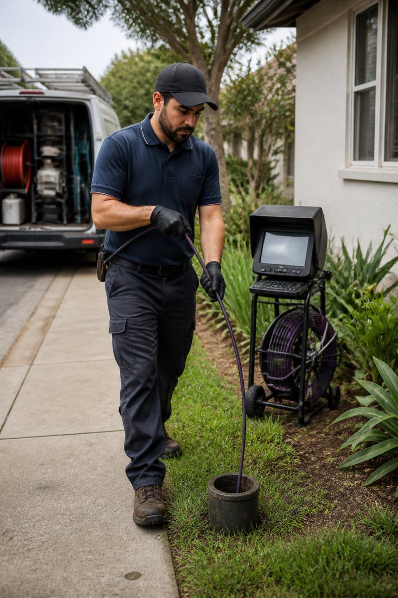 Professional technician inserting fiber optic camera probe into residential cleanout line, with inspection equipment and truck visible in background