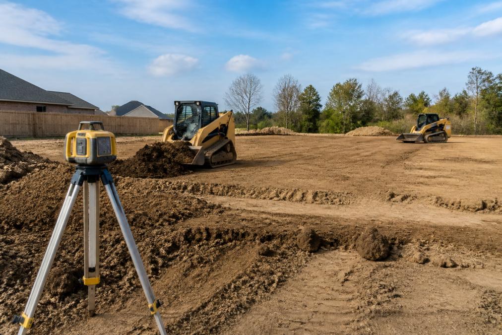 Compact track loader grading soil for site preparation with a laser level set up on a residential lot.