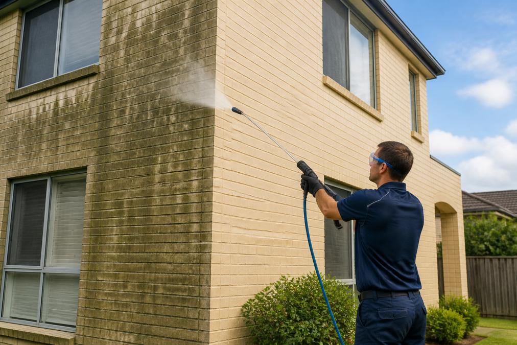 A technician in a uniform and safety glasses using a low-pressure soft washing wand on the exterior wall of a two-storey brick house, with one section visibly clean and bright compared to the algae-stained section beside it
