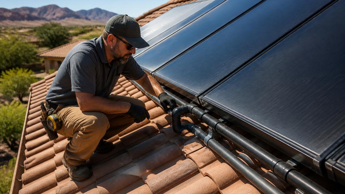 Technician performing a solar pool heater inspection on rooftop panels